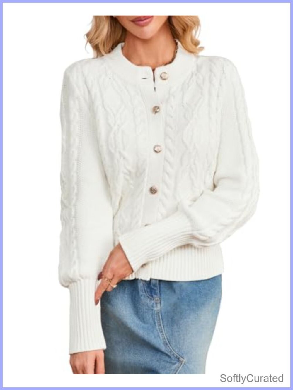 Cable Knit Cardigan Button Down Cropped Gold Button Bishop Sleeve Fall Sweater